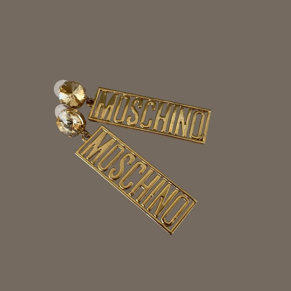 MOSCHINO Logo Post Gold Plated Earrings with Champagne Rivoli Rhinestones - Picture 6 of 6